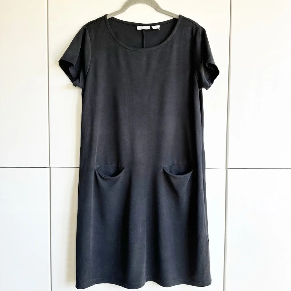 Sigrid Olsen Shirt Dress Black Front Pocket Size Small Modal Lagenlook